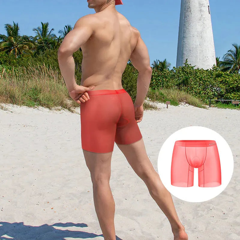Men's low waist boxer shorts in orange ice silk fabric showing front and back views
