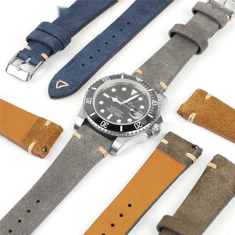 Genuine suede leather watch strap in brown, blue, gray, and Army Green colours for 20mm and 22mm watches