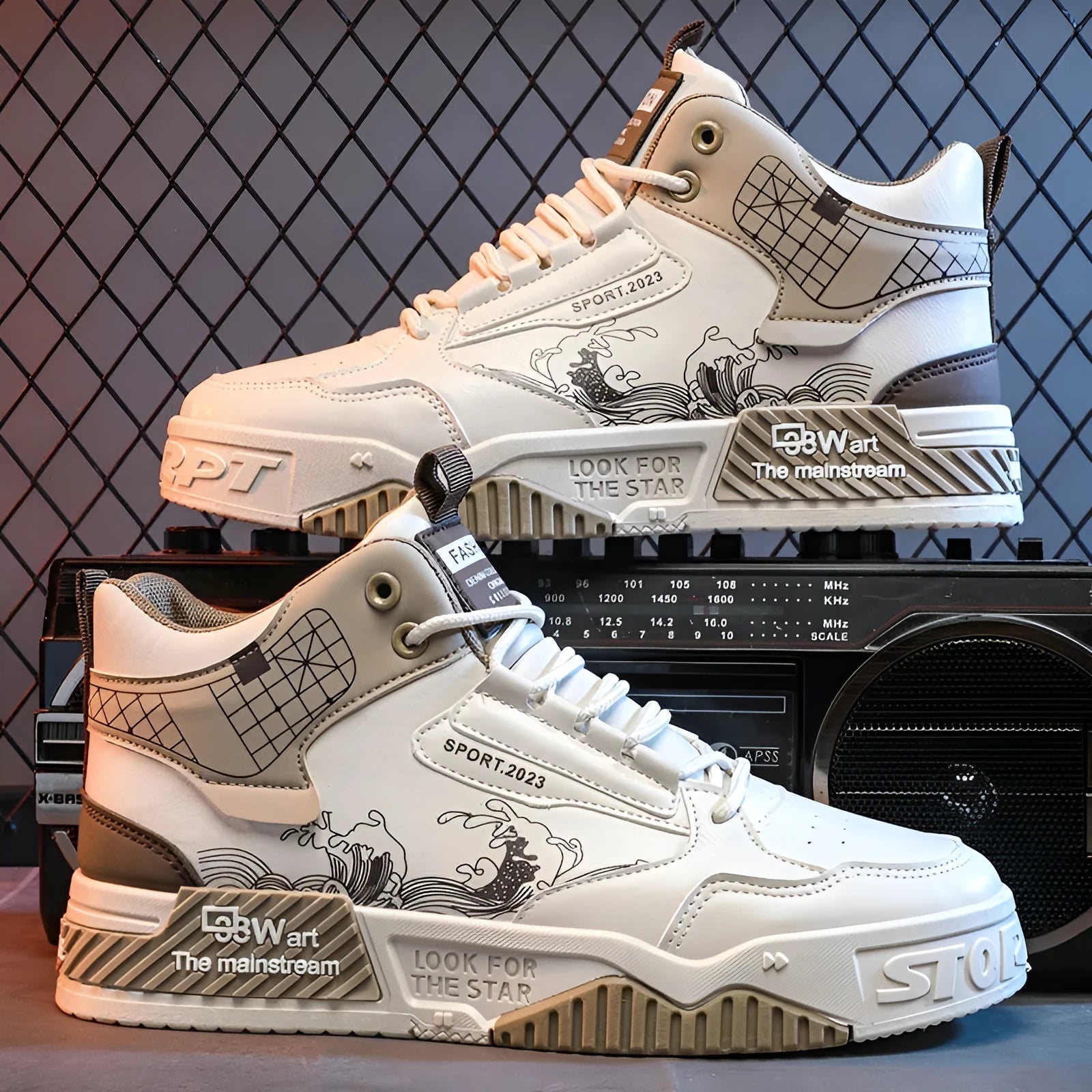 Men's beige high-top board shoes with mesh lining and flat rubber sole on a white background.