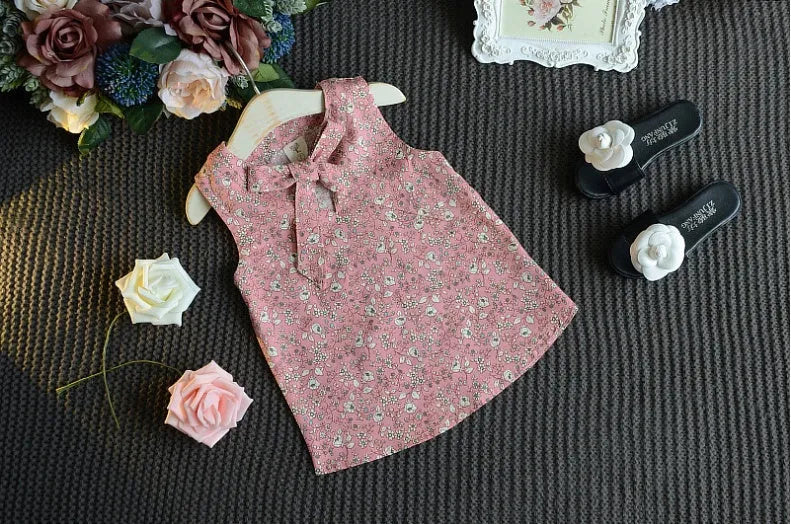 Sleeveless bow vest and shorts set for girls, cotton blend, floral khaki blue