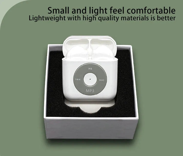 White wireless Bluetooth earphones with a semi in ear design and a matching charging compartment case.