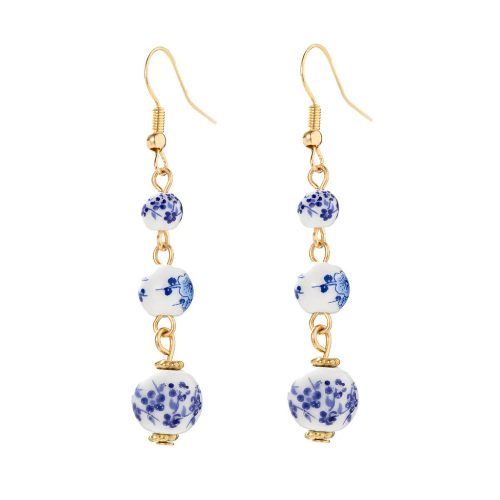 Long blue and white porcelain ceramic bead retro earrings with geometric Chinese style design on alloy.