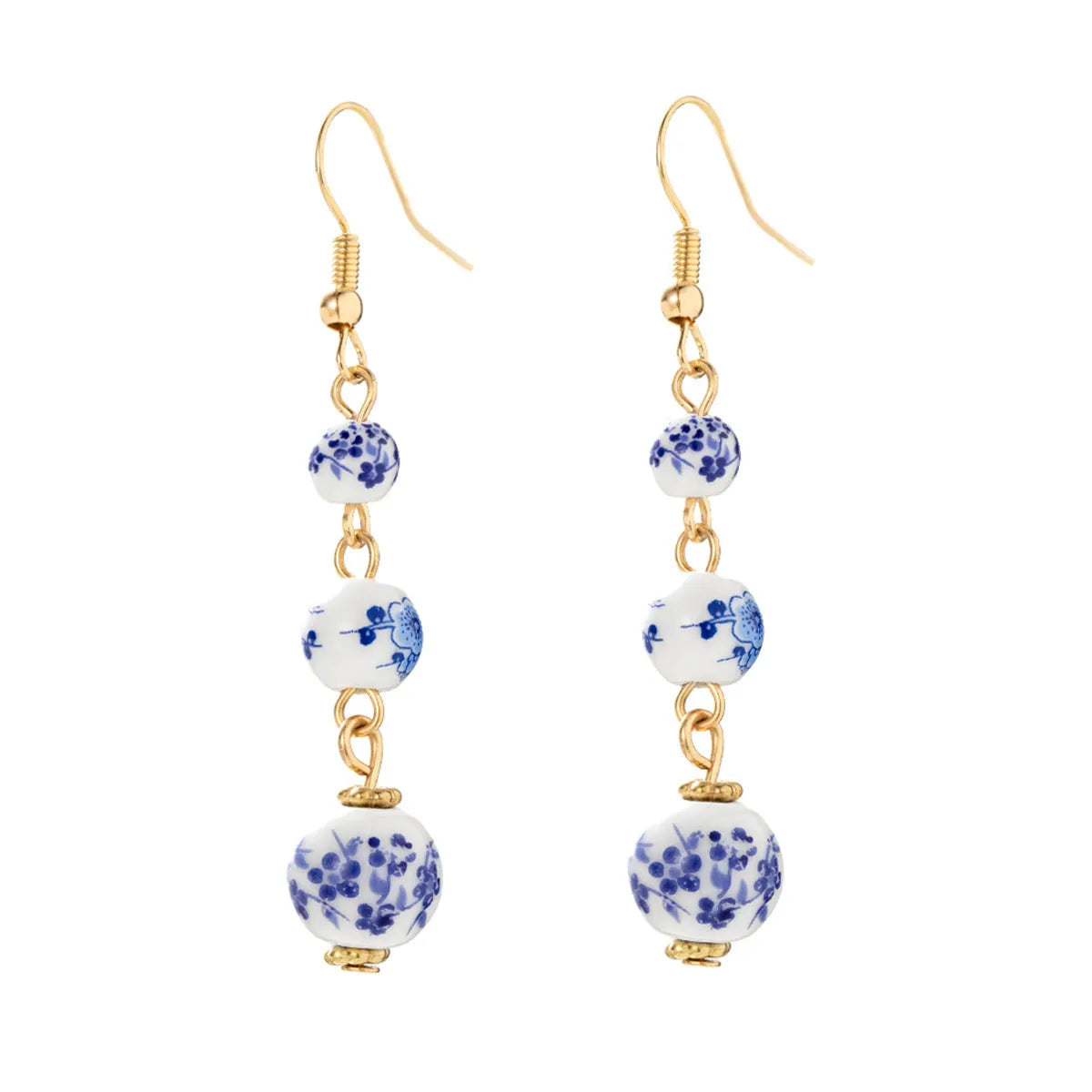 Long blue and white porcelain ceramic bead retro earrings with geometric Chinese style design on alloy.