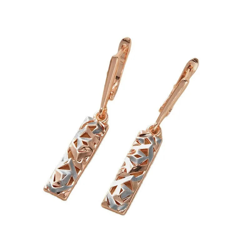 Rectangular hollow two-tone stud earrings with geometric pattern