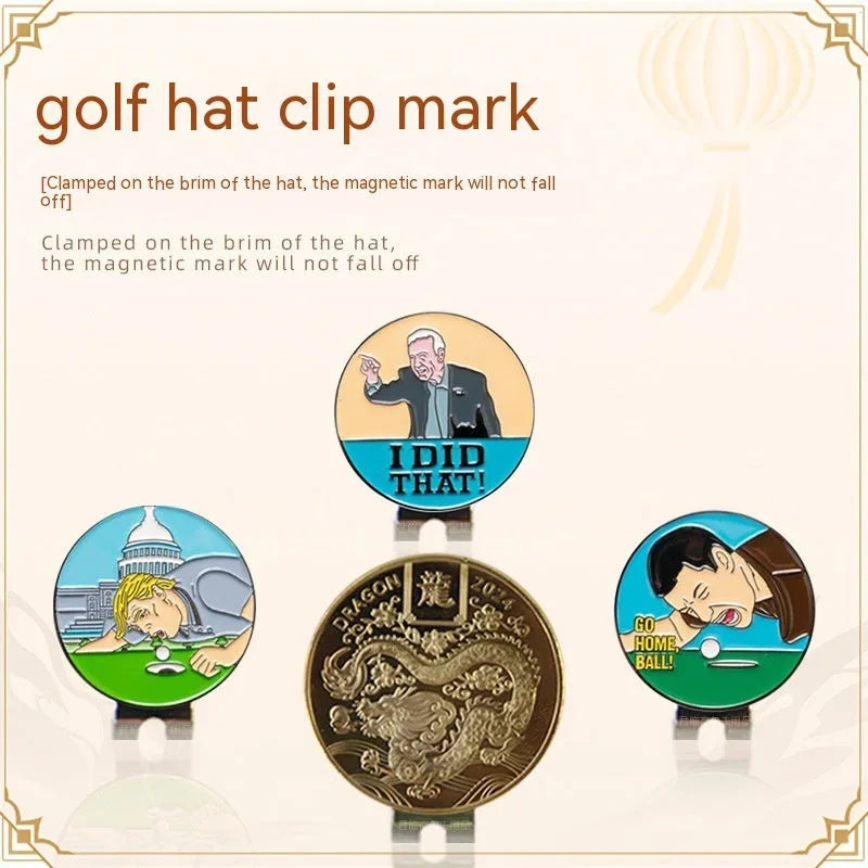 Close-up of a zinc alloy golf hat clip showing a detailed Dragon Year decorative pattern on its metal surface.