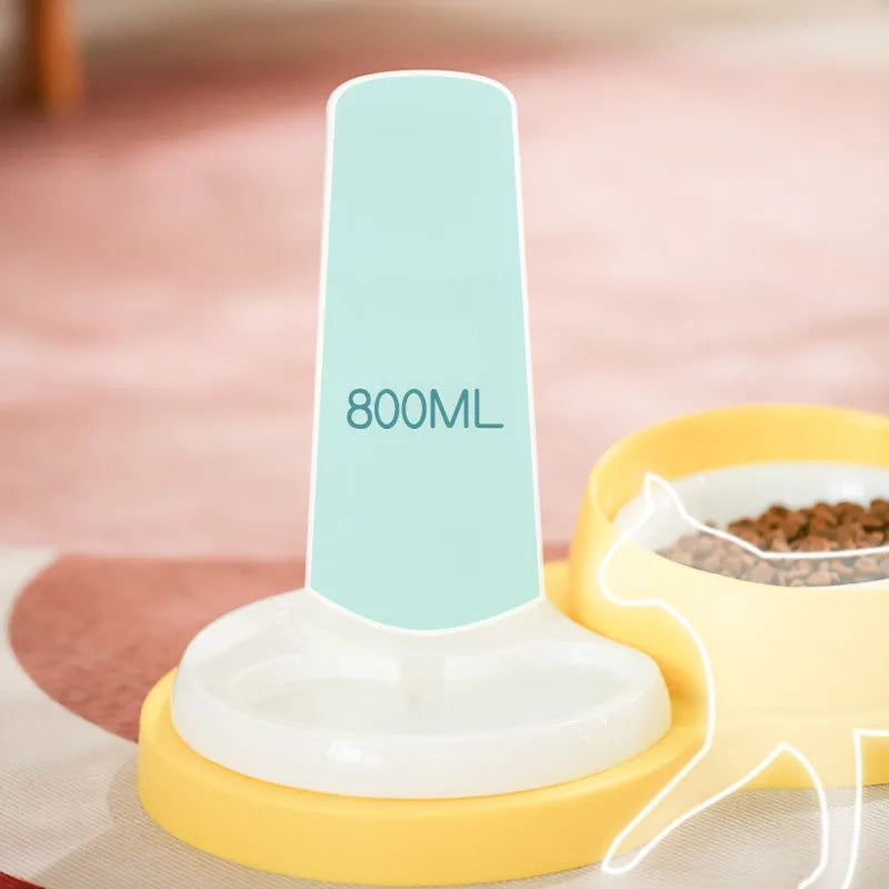 Grey and yellow PP material pet dual bowl feeder with ceramic food bowl and automatic water
