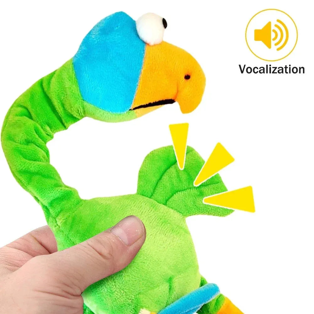 Screaming chicken sound dog chew toy in green colour, shown with bite marks, 19cm long.