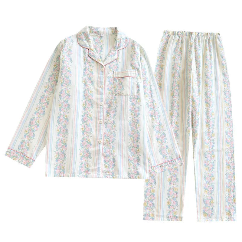 Women's cotton gauze loungewear set with long-sleeved top and trousers in a colour stripes print.