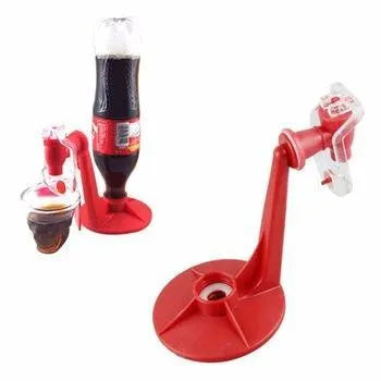 Red plastic Magic Tap soda bottle dispenser attached to an inverted 2-litre bottle.