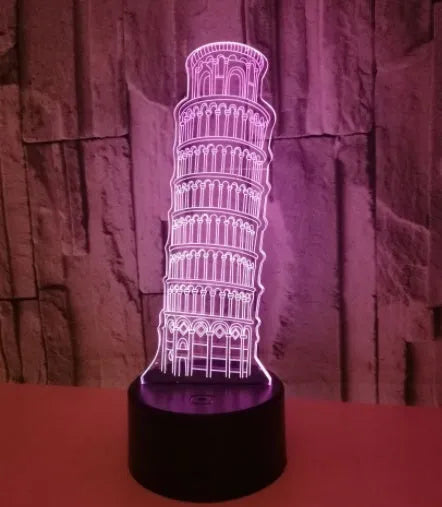 Leaning Tower of Pisa 3D acrylic night light with colour-changing LEDs on a black ABS base.
