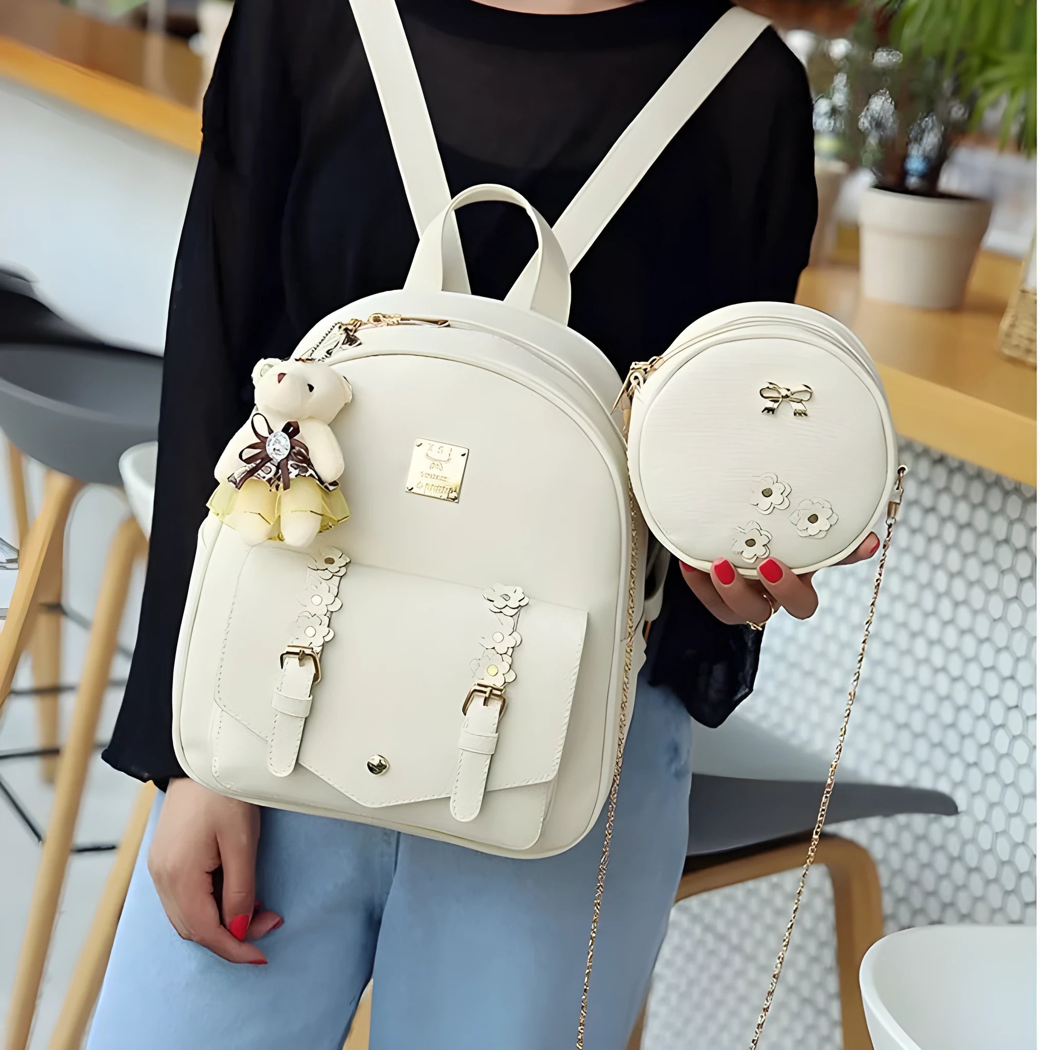 Floral three-piece bag set for women including backpack, shoulder bag and card bag in PU leather
