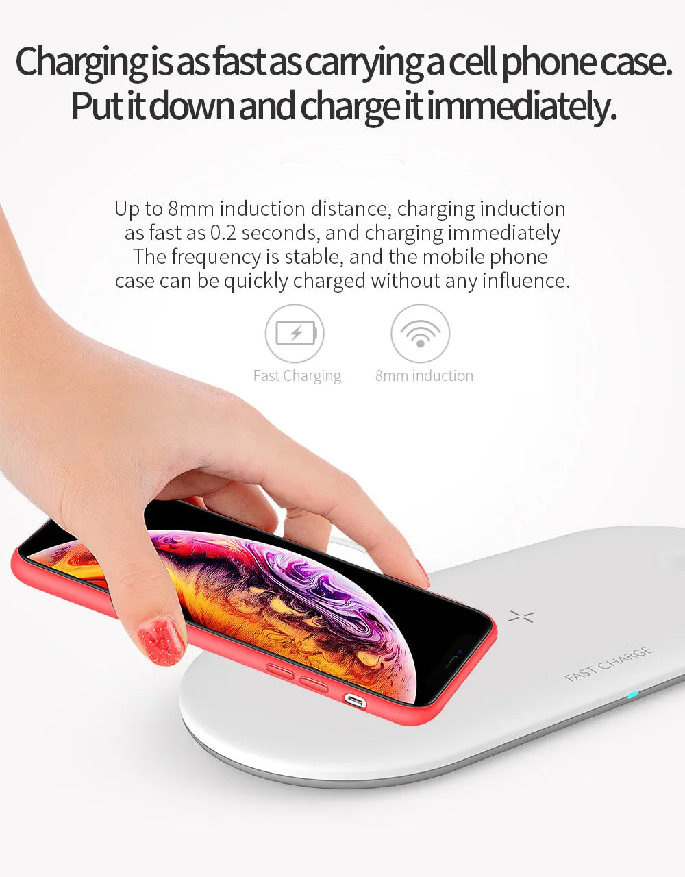White three-in-one wireless charging station for Apple iPhone, iWatch and headphones on a desk.