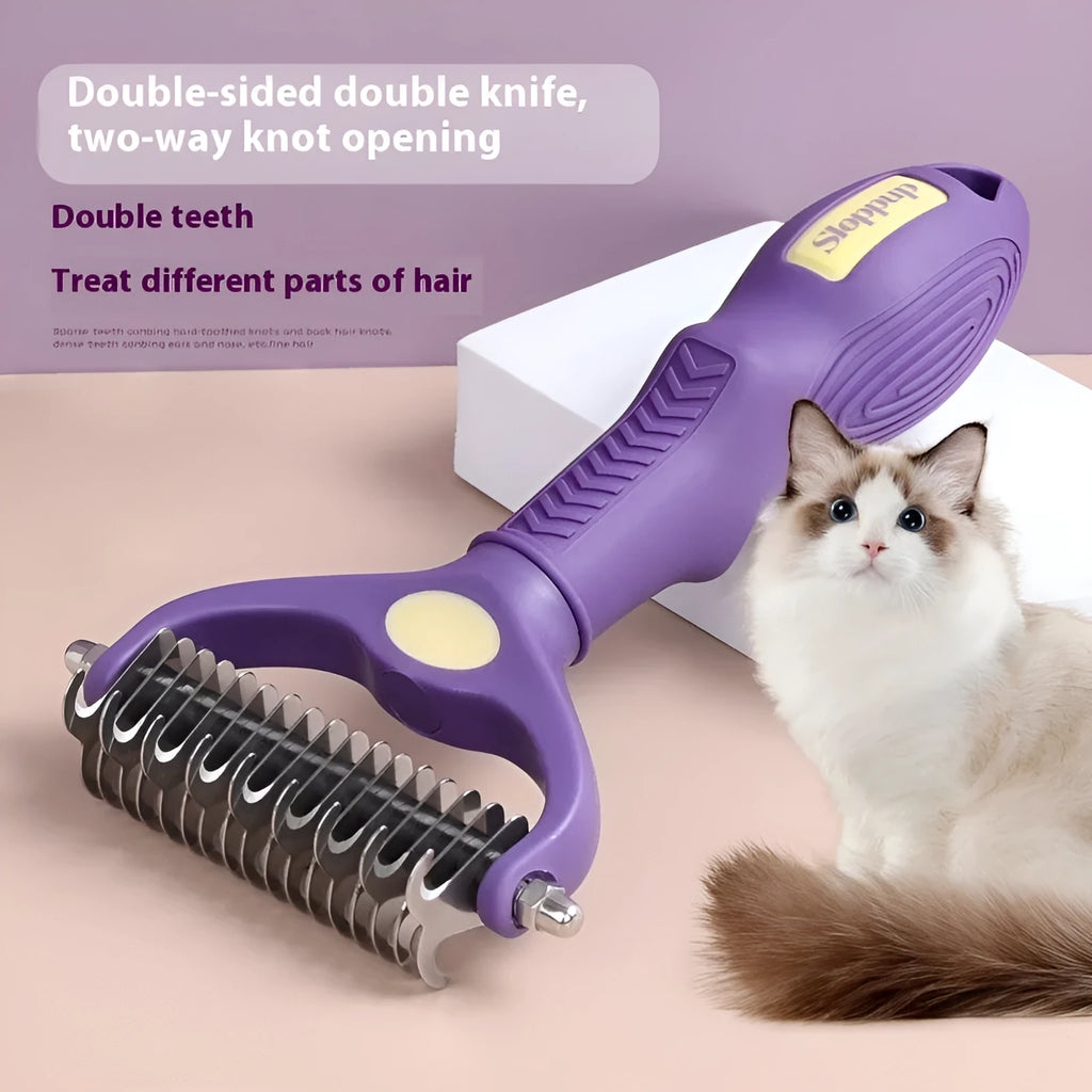 Purple double-sided plastic comb for untying knots in dog fur.