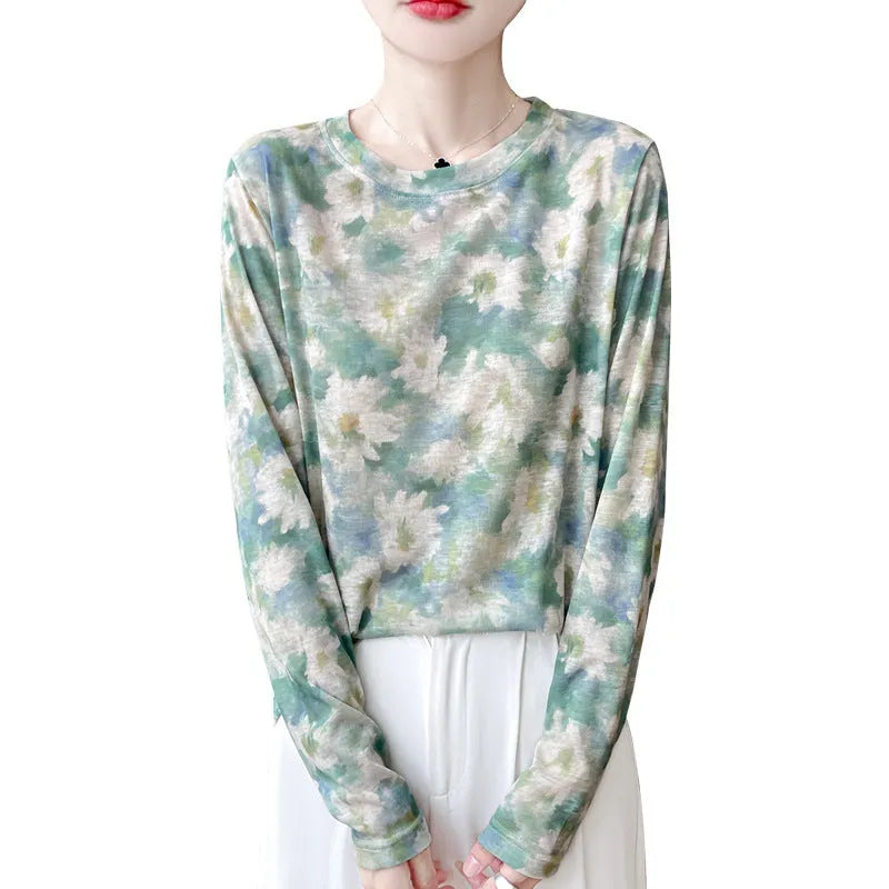 Round neck Tencel Cotton pullover shirt with floral printed design in regular sleeve style