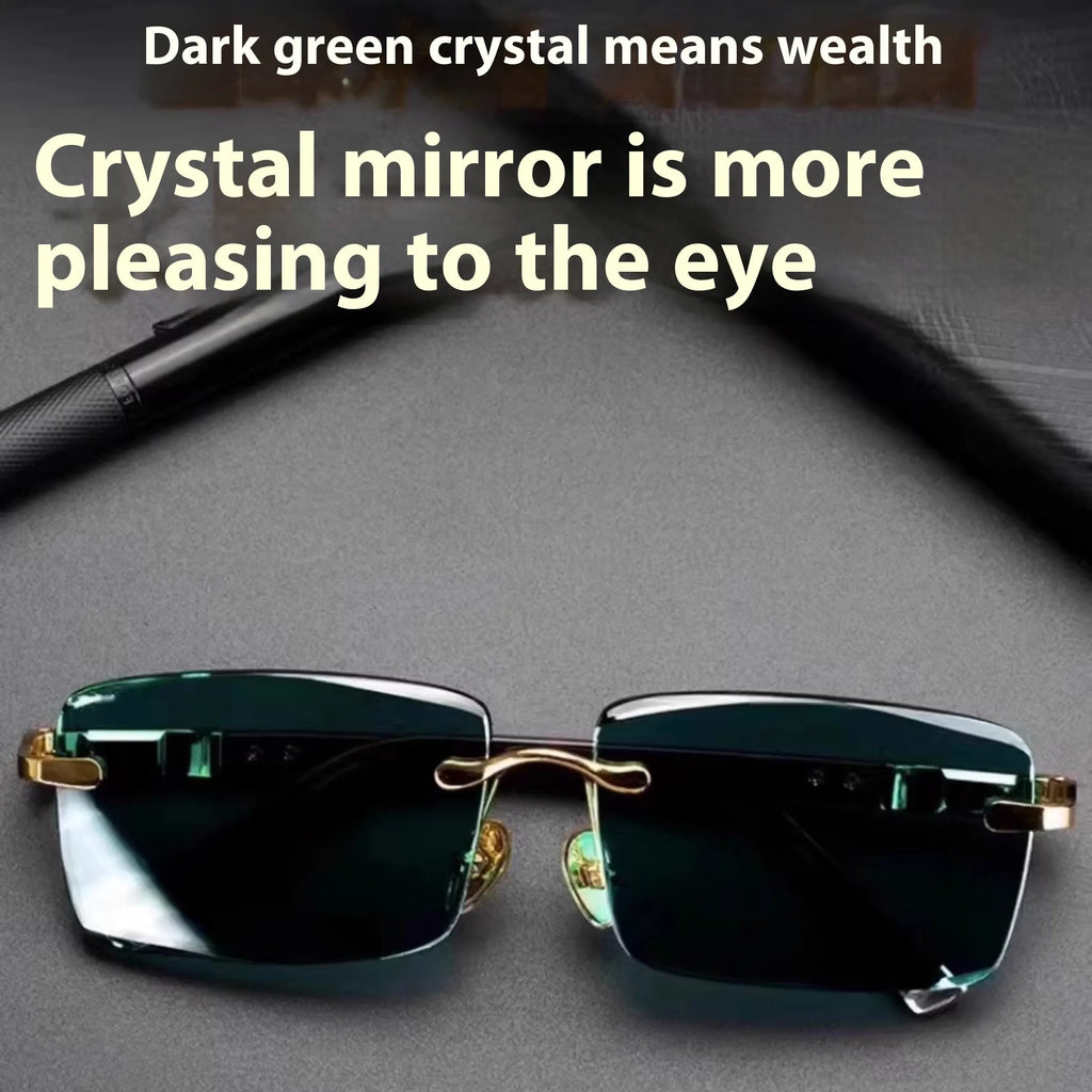 Pair of dark green frameless crystal sunshade glasses with case and cleaning cloth