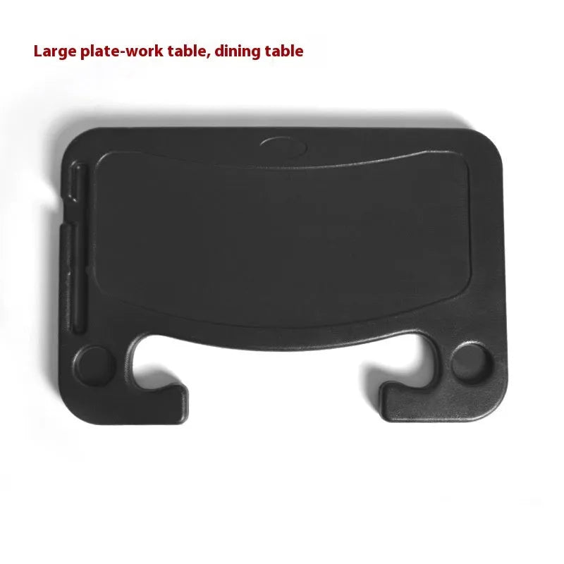 Foldable black car laptop stand with integrated drink holder placed on steering wheel