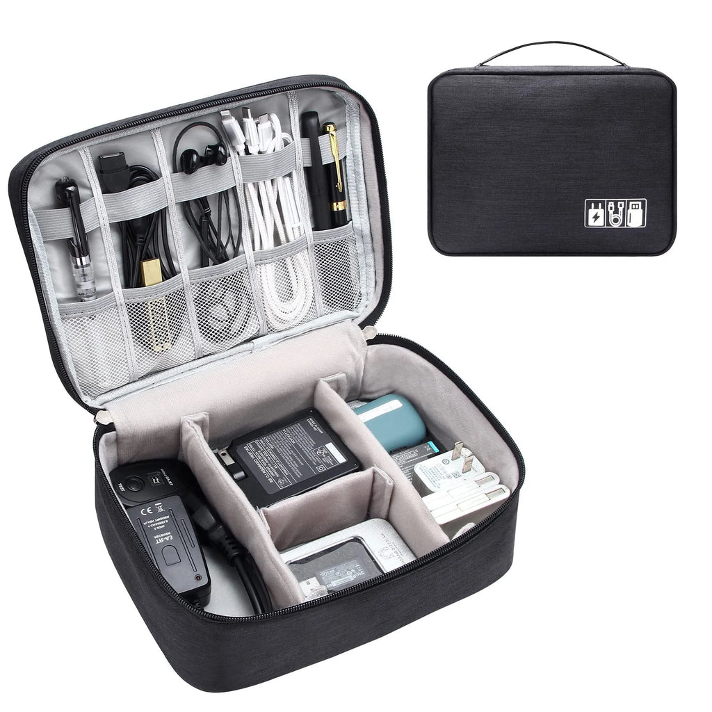 Black waterproof electronics organiser bag open to show removable dividers and mesh pockets for cables.