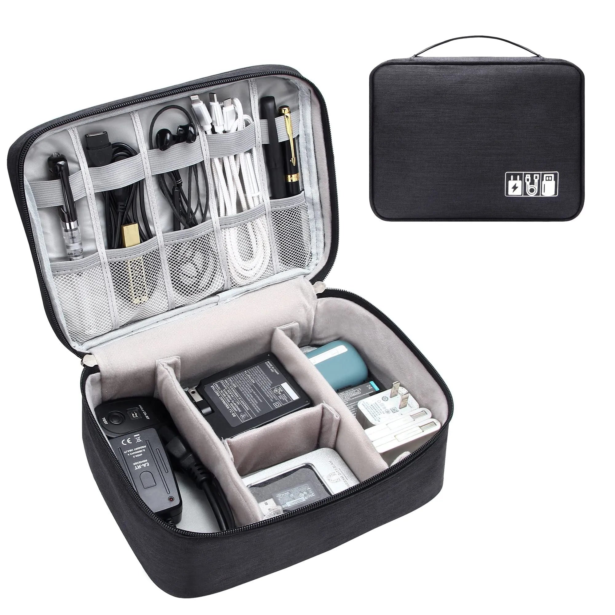 Black waterproof electronics organiser bag open to show removable dividers and mesh pockets for cables.