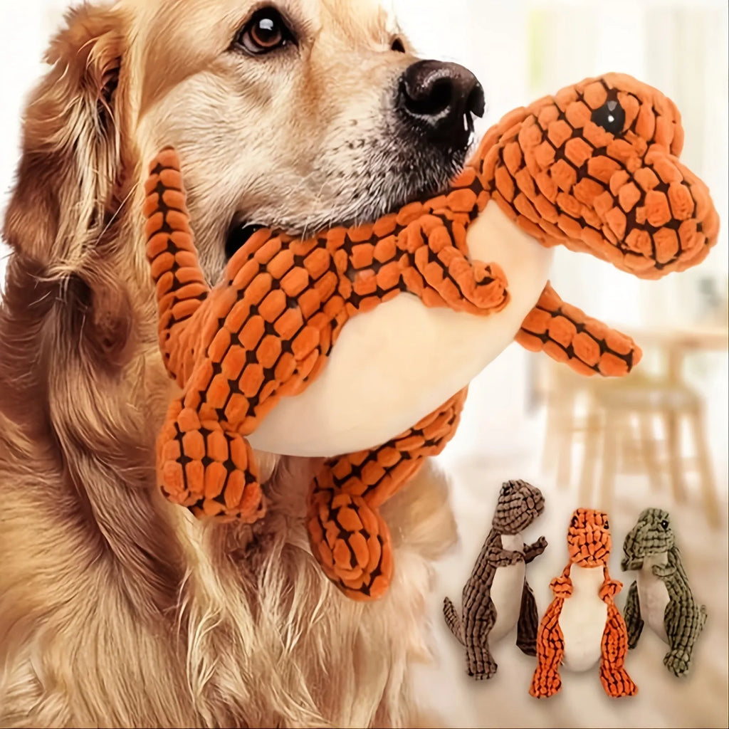 Interactive dog toy with sound features for bite-resistant chewing, available in grey, green, or orange colours.