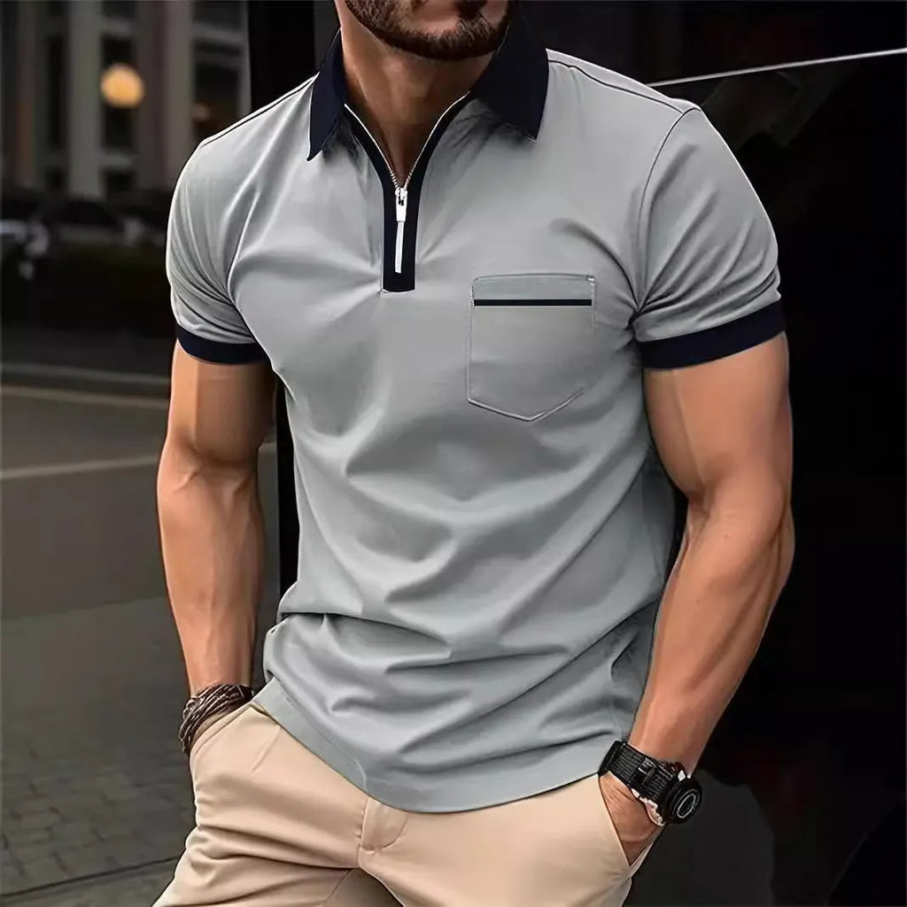Men's loose-fit casual short-sleeved shirt with a chest pocket and decorative zip detail on the front.