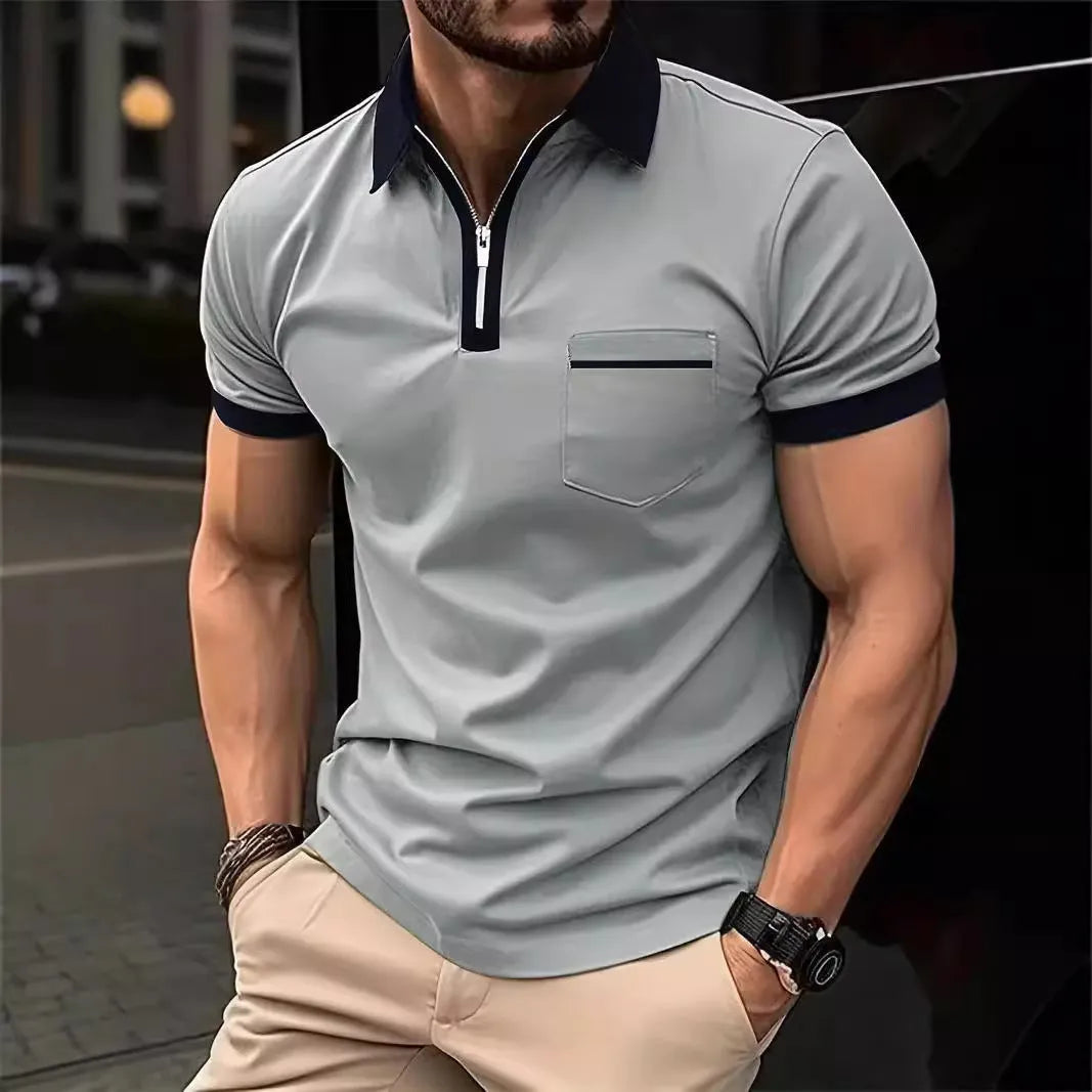 Men's loose-fit casual short-sleeved shirt with a chest pocket and decorative zip detail on the front.