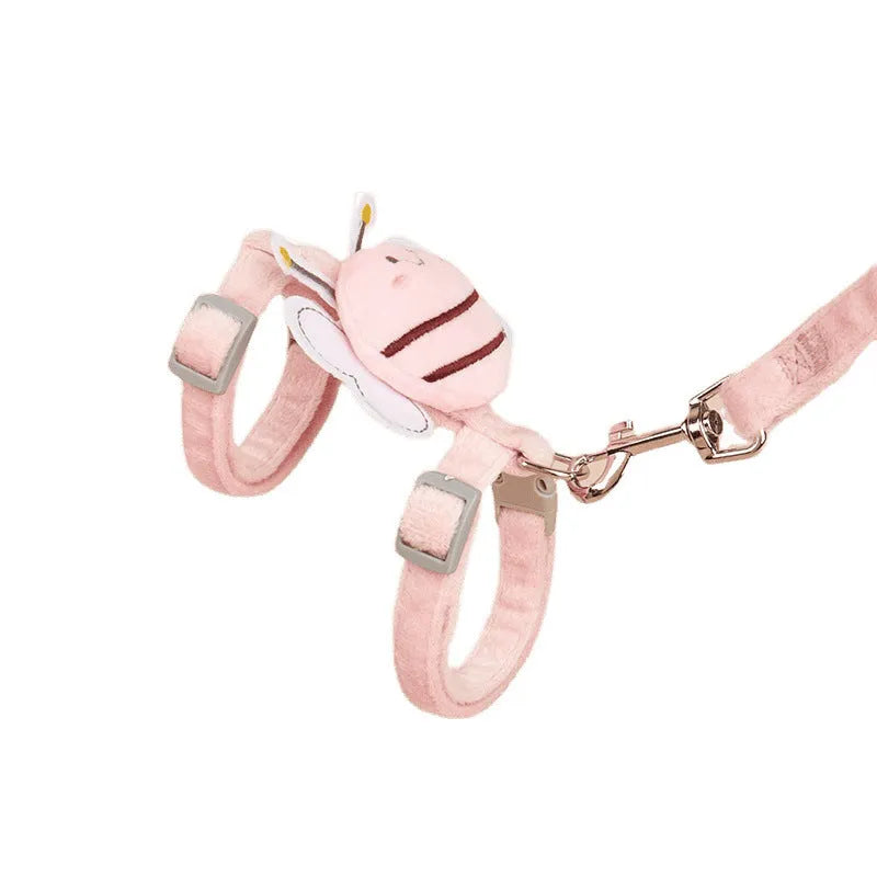 Bee-shaped adjustable cat leash in blue, pink, or yellow with strap and hand rope.
