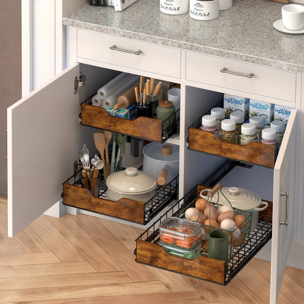 Black wooden and iron pull basket storage rack for kitchen drawer or shelf organisation.