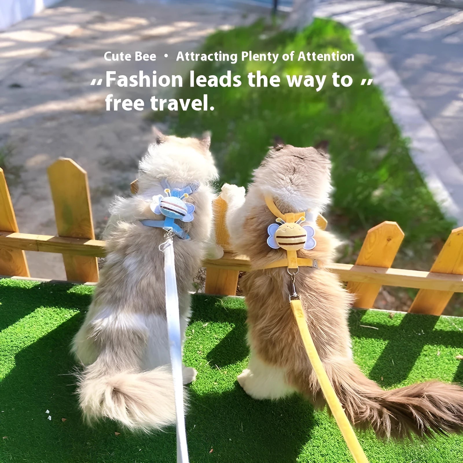 Bee-shaped adjustable cat leash in blue, pink, or yellow with strap and hand rope.