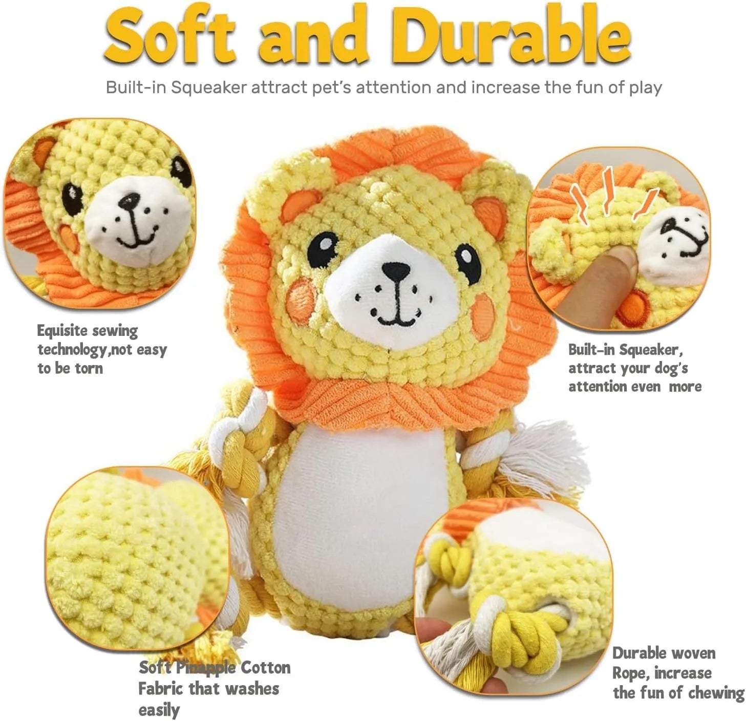 Lion and monkey soft plush squeaky dog toys for medium to large breeds