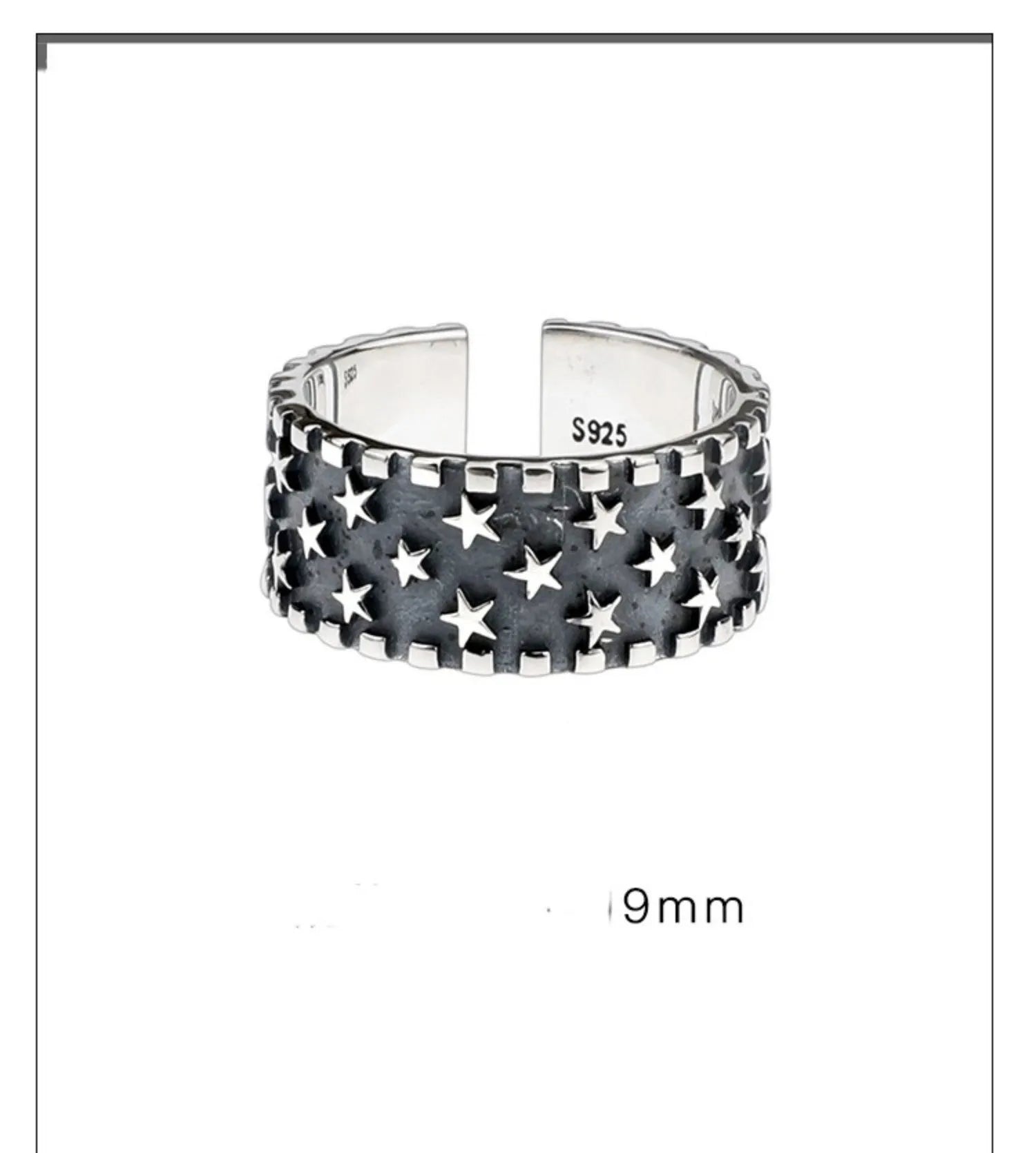 Silver adjustable ring with geometric five pointed star pattern on finger
