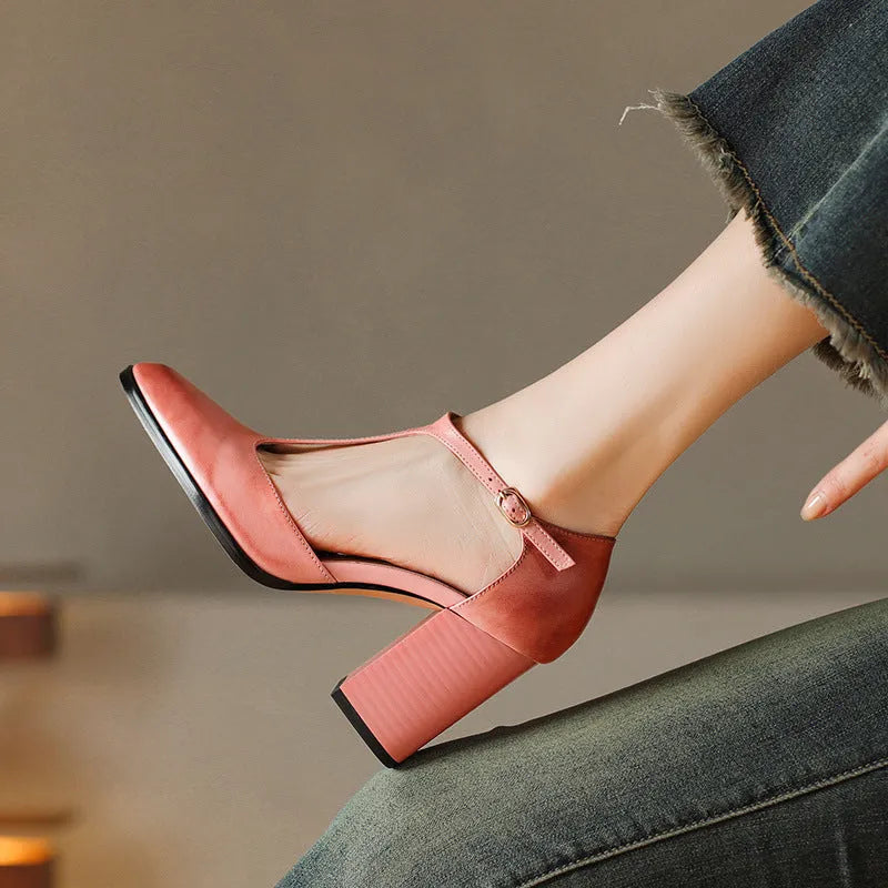 Baotou hollow women's retro pointed Mary Jane shoes in pink and dark brown with buckle fastening.