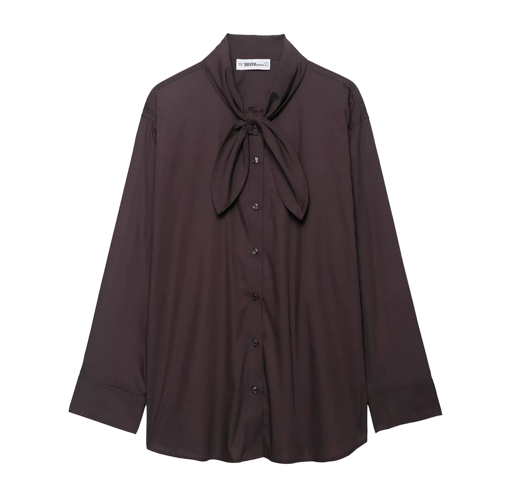 Brown women's poplin shirt with long sleeves, a loose fit, and a bow tie front closure.