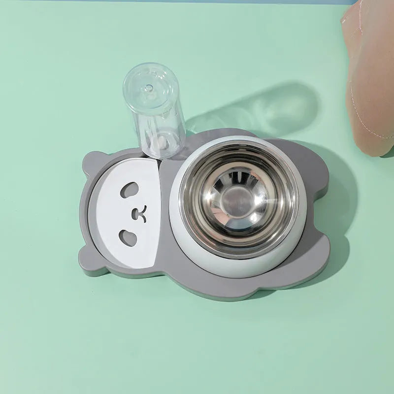 Grey panda-shaped tilted pet bowl set with automatic water bottle and stainless steel bowls