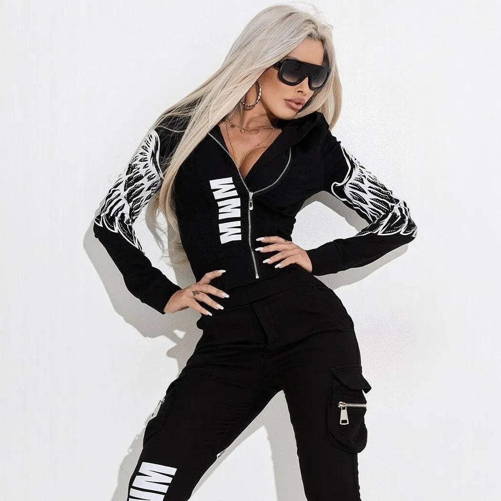 Black women's printing pattern hooded suit with zipper top and trousers, street fashion style