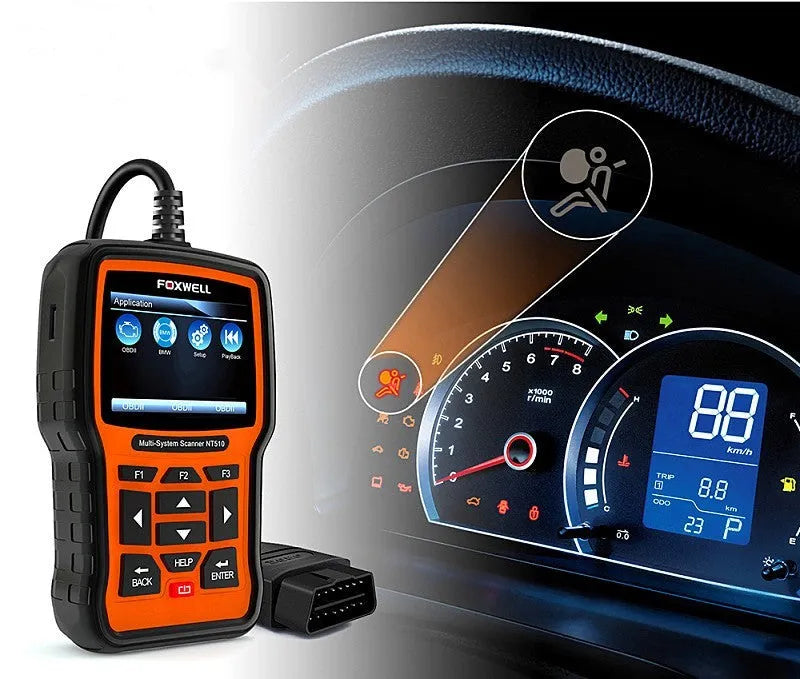 Orange and black Foxwell NT510 automotive OBD2 diagnostic scanner with colour screen