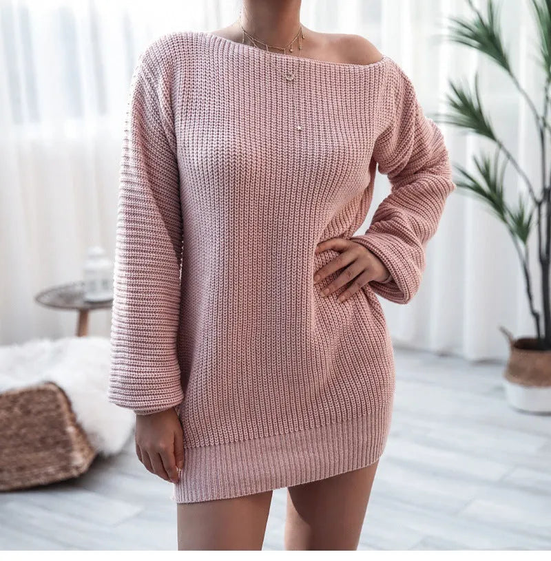 Women's off-shoulder knitted dress with lantern sleeves in wine red colour showing medium length