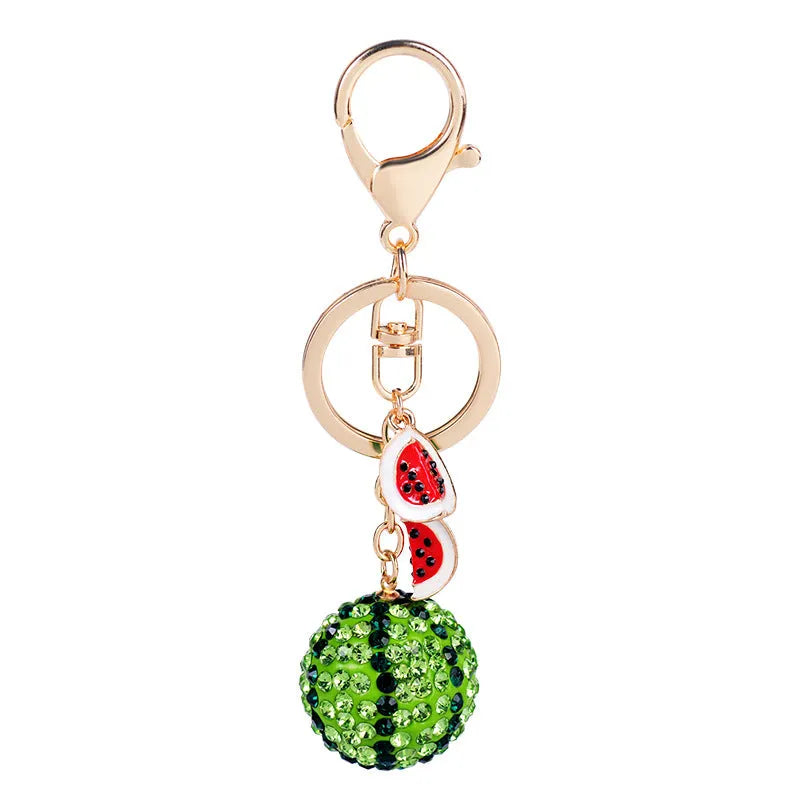 Green watermelon-shaped zinc alloy keychain measuring 12cm with metal construction