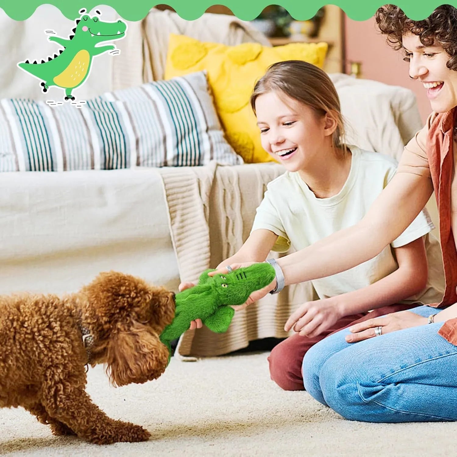 Green crocodile plush dog toy with no-stuffing design for aggressive chewers