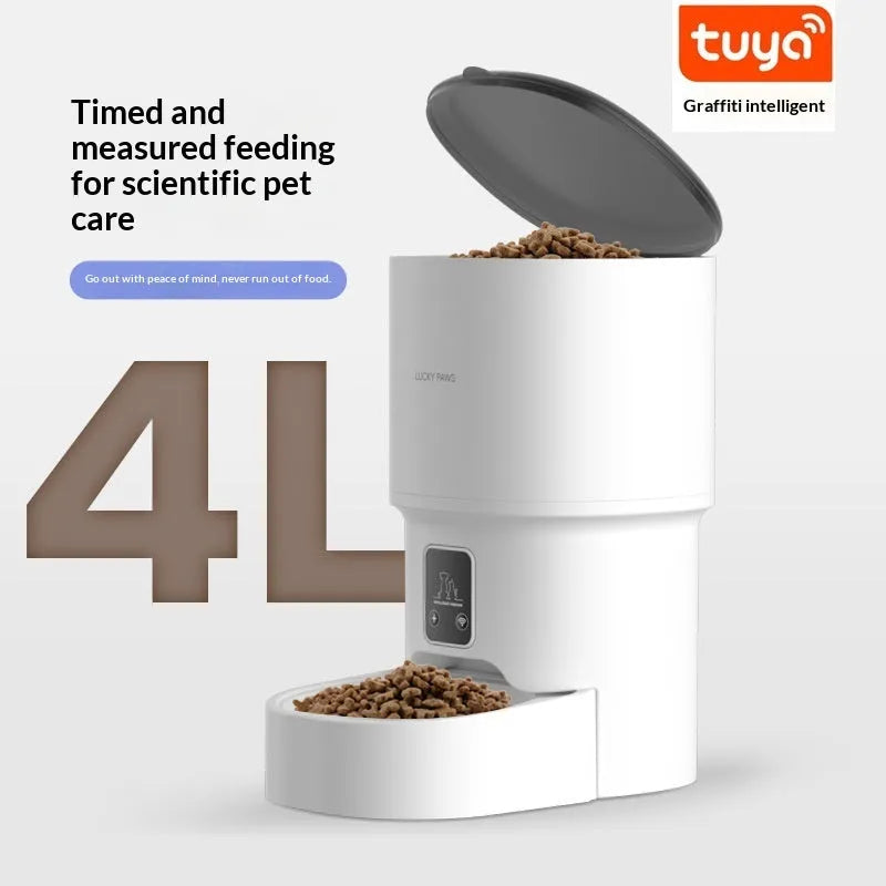 Pet automatic feeder with WiFi remote control and timed feeding, available in black or white with stainless steel bowl option