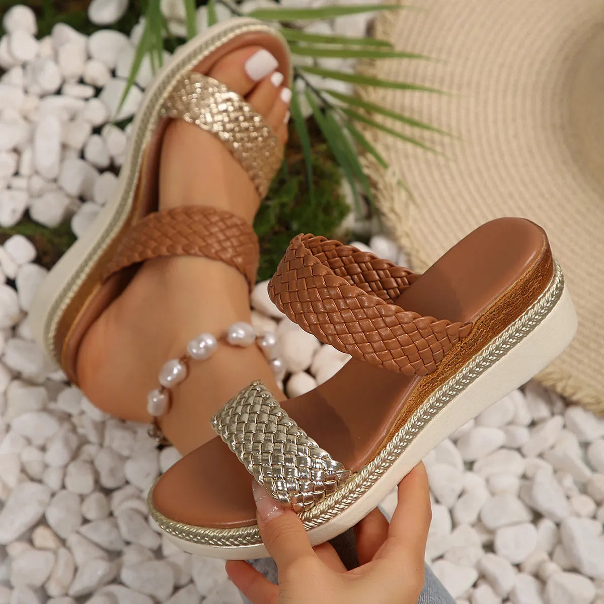 Gold and silver plus-size women's wedge sandals with PU upper and rubber sole.