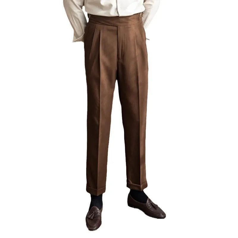 Men's high-waist straight-leg casual trousers in black polyester fabric on a hanger.