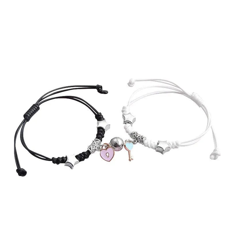 Magnetic couple bracelet pair showing crown design with electroplated alloy construction and magnetic fastening