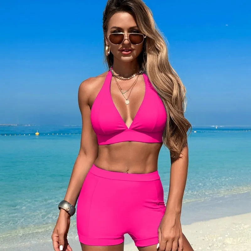 Women's split bikini swimsuit in nylon fabric with sleeveless design for swimming and hot springs