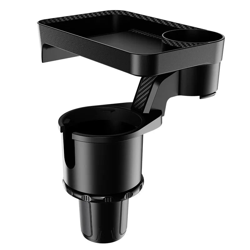 Black rotating car tray holder with detachable plate mounted in vehicle cup holder