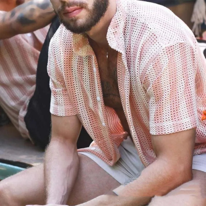 Pink men's waffle weave summer cardigan showing loose fit and short sleeve design