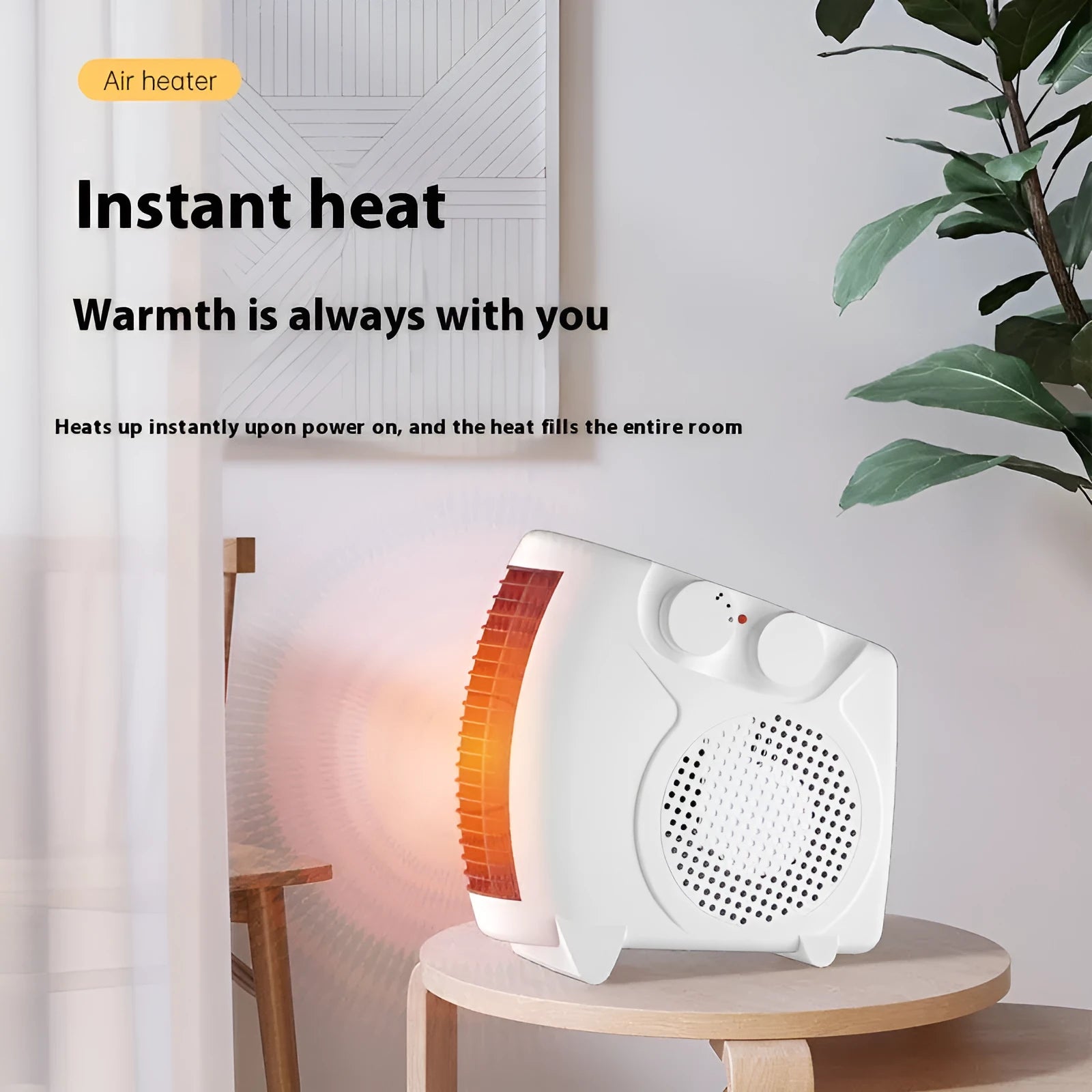 White compact desktop electric heater with power settings and quiet operation