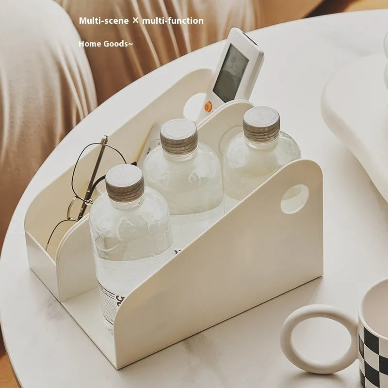 Desktop storage box with shelf and grid compartments for stationery organisation