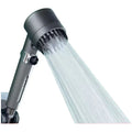 Portable white ABS plastic shower head with modern design and adjustment dial.