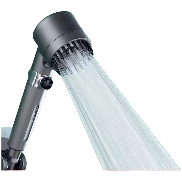 Portable white ABS plastic shower head with modern design and adjustment dial.