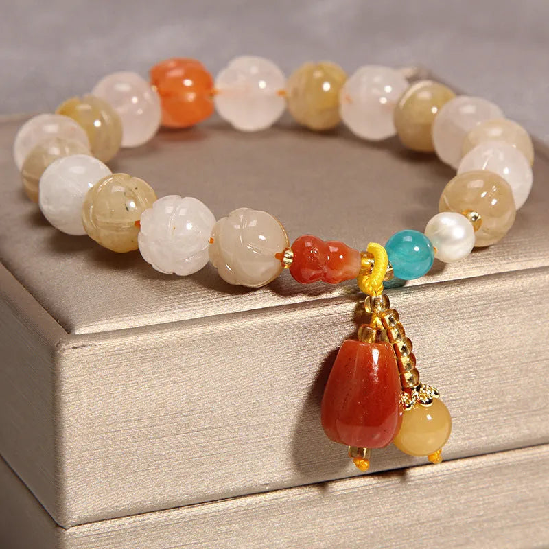 Khaki yellow agate crystal bracelet with gold silk thread for women